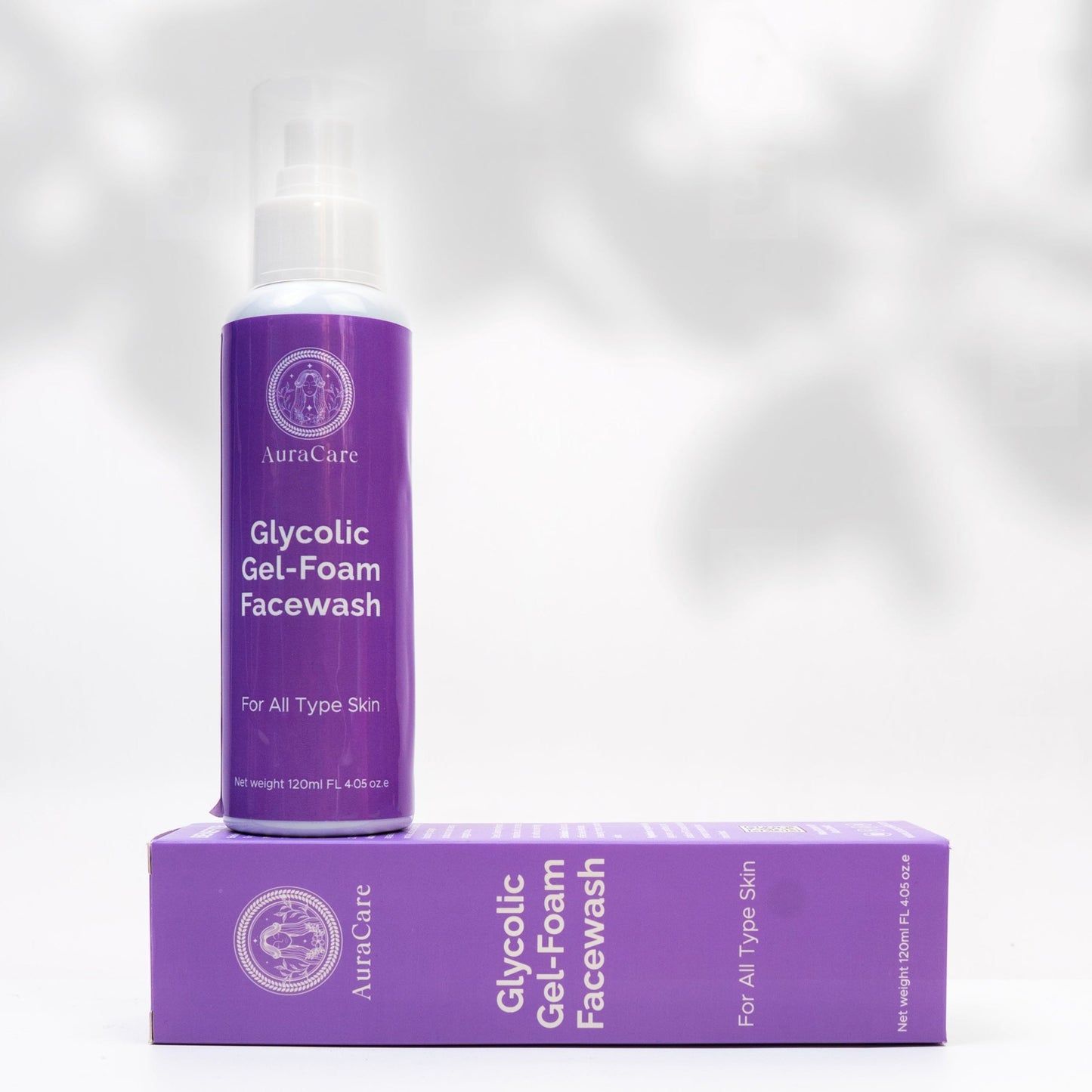 A purple bottle and box of Glycolic Gel-Foam Facewash by Naturesly, promoting brightness, moisture, and antioxidant properties of the skin.