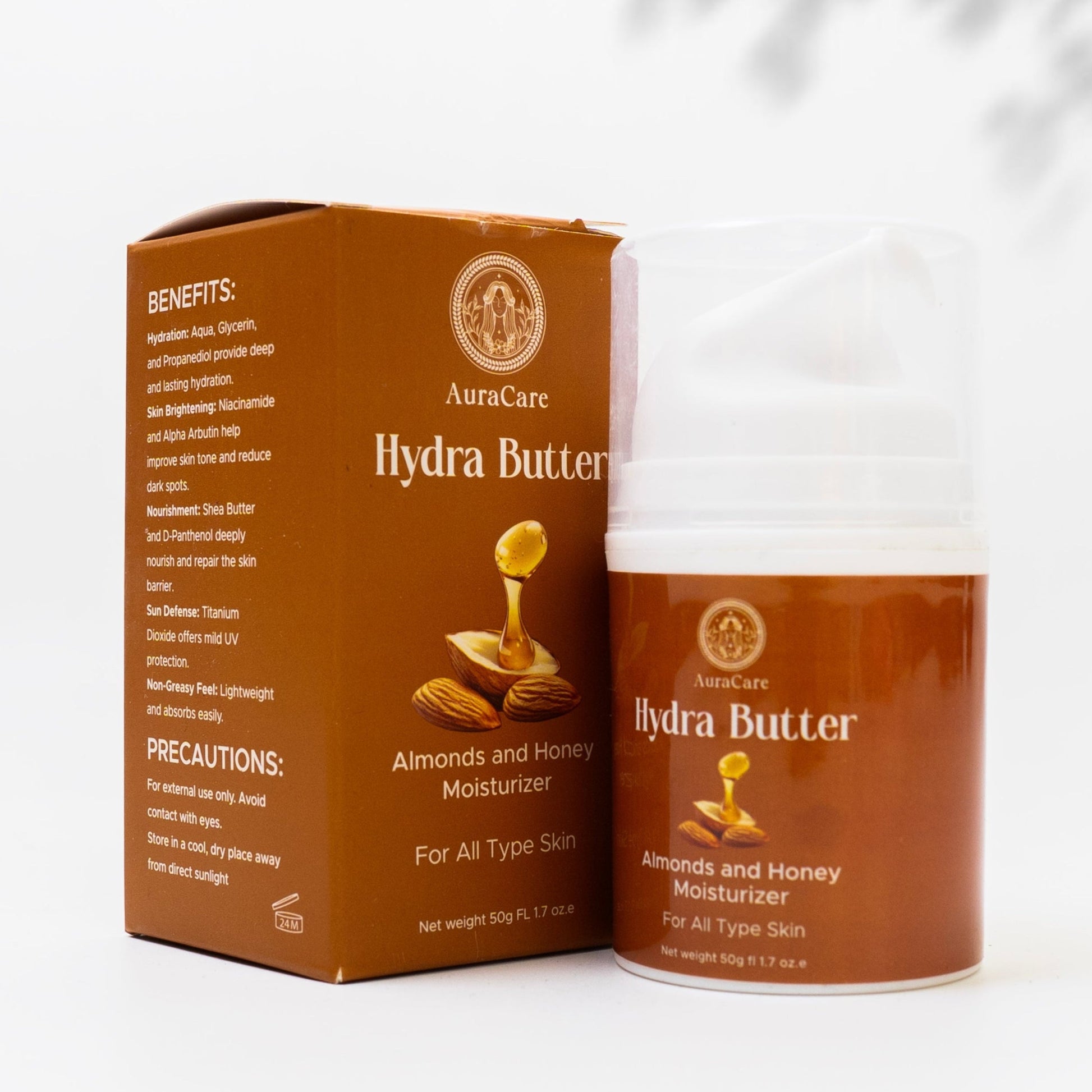 A jar of moisturizer and its packaging box, labeled 'Hydra Butter Almonds & Honey Moisturizer' for all skin types.