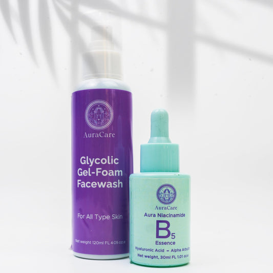 A skincare product bundle consisting of a glycolic gel face wash and a niacinamide serum, with packaging in purple and blue colors.